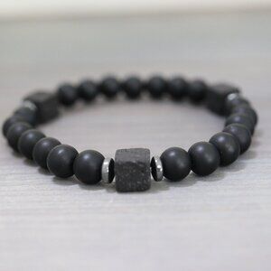 Black Matte with Square Lava Gemstone Beads Adjustable Bracelet